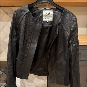 Milly Black Textured Leather-Trim Collarless Jacket